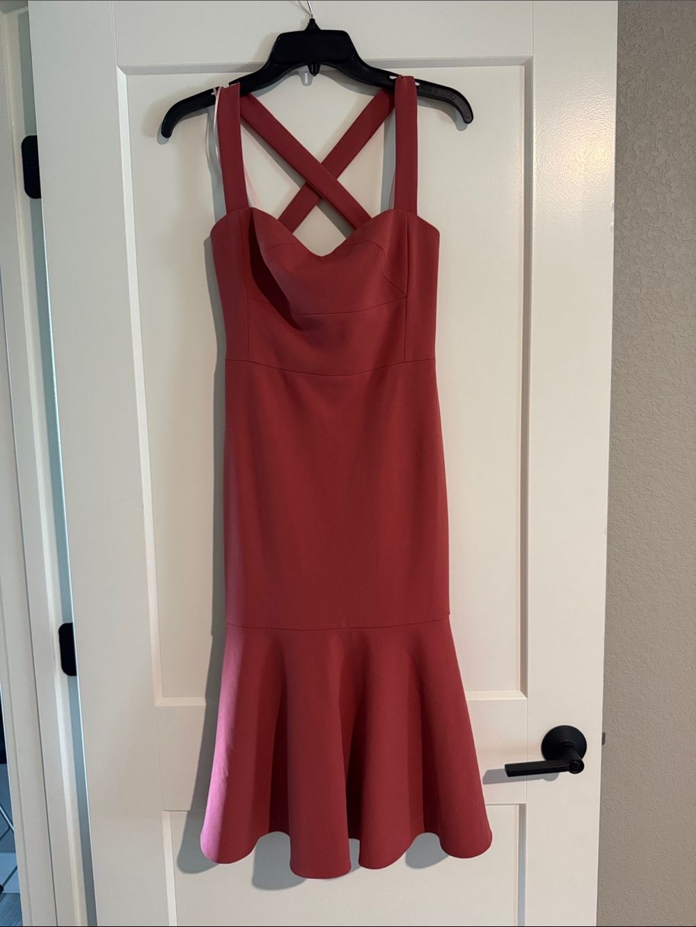 Gal Meets Glam Rose Coral Midi Dress with Cross-Back Straps